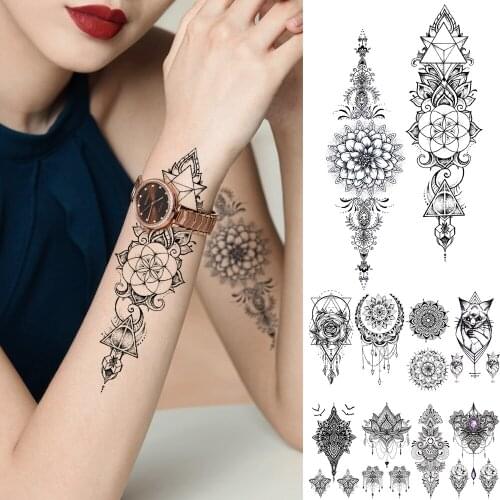 Mehndi Black Totem Temporary Tattoos For Women Lady Girls Mandala Moon Cat Fake Jewelry Realistic Tattoo Sticker Body Art Tattos
