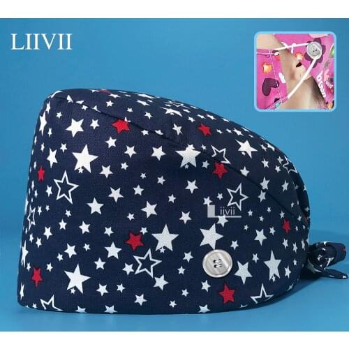 High Quality cotton clinical hat multicolor fashion printing button breathable scrub cap men and women adjustable nursing hat