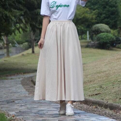 New 2020 Summer Autumn Women Skirt High Waist Pleated Skirt Female Cotton Linen Elegant Casual Long Skirt Skirts Women S466