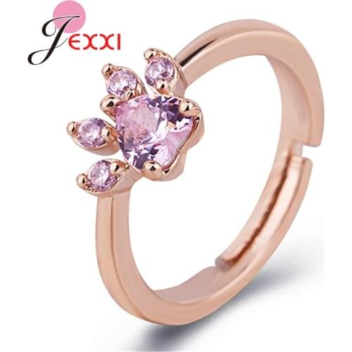 Cute Cat Dog Bears Paw Fine 925 Sterling Silver Resizable Rings for Women Romantic Animal CZ Heart Wedding Party Jewelry Bague