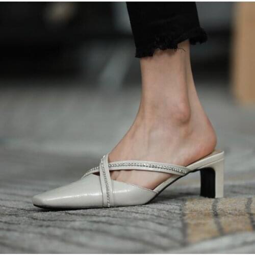 Dipsloot New Woman Black White Genuine Leather Slip On Cross Crystal Slippers Sandals Female Square Toe 7 cm Heels Muller Shoes