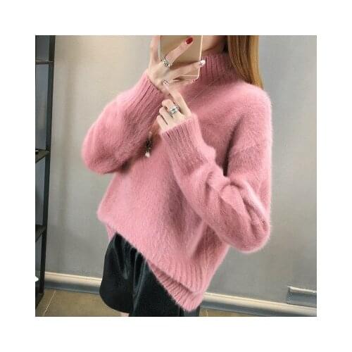 Women Autumn Half Turtleneck Long Sleeve Sweater Loose Knit Pullover Tops Solid Elegant Pullover white Sweater for Women 2020