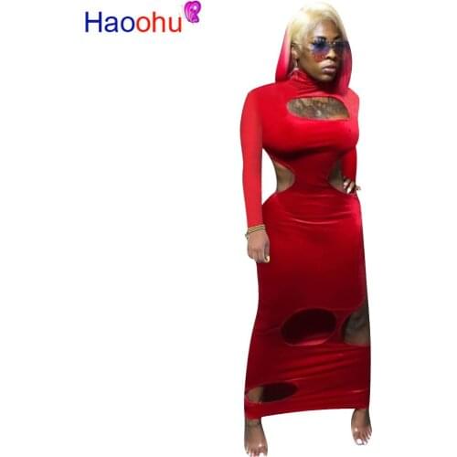 Women Winter Fall Long Maxi Dress Full Sleeve Hole Hollow Out Sexy Dress Club Night Party Street Bandage Bodycon Dresses