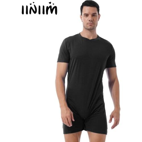 Iiniim Mens Short Sleeve Jumpsuit Bodysuits T-Shirts Summer Lingerie Teddies Casual Jockstraps Pouch Male One-pieces Rompers