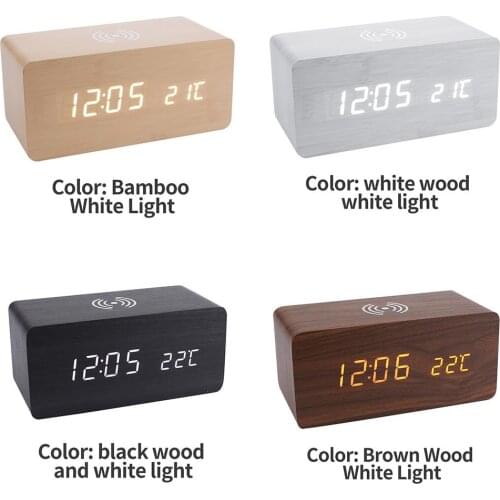 3 in 1 Digital Alarm Clock Digital Thermometer Clock Alarm Clock Wireless Charging with Time Memory Multi-Function Wooden