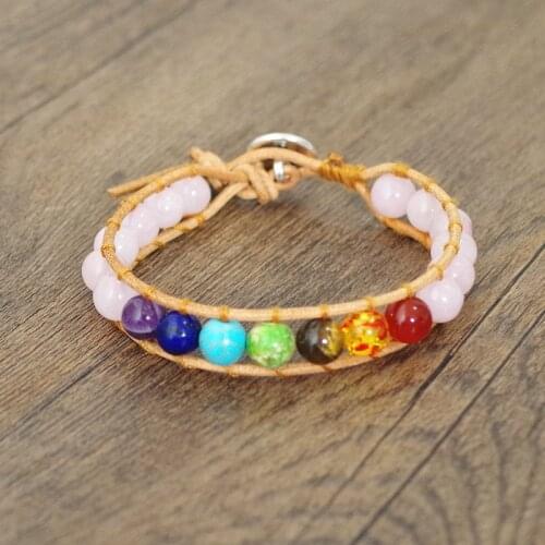 8mm Pink Crystal Beads 7 Chakra Leather Wrap Bracelet & Bangle Boho Yoga Chakra Charm Bracelet Gift Women Fashion Jewelry