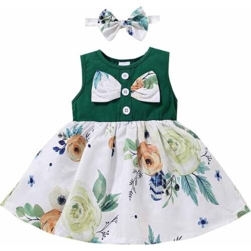Kids Dresses Baby Girls Clothing 2021 Summer New Fashion Sweet Bowknot Stitching Dress Printed Sleeveless Dress for Children