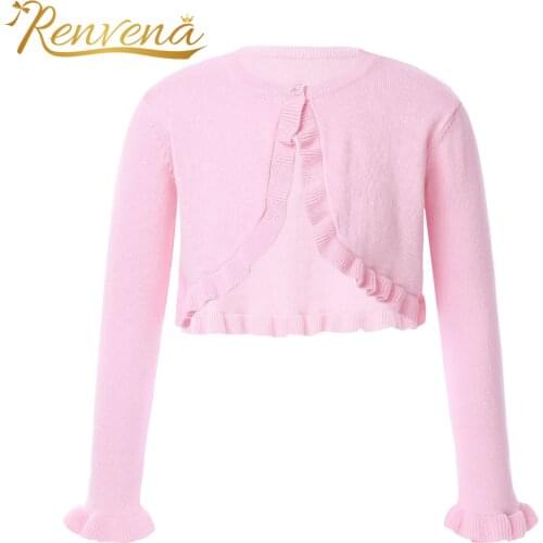 Kids Girls Long Sleeve Knit Cardigan Flower Girls Ruffle Boleros Shrug Shawl Wedding Party Jackets Cover Ups Girls Coats