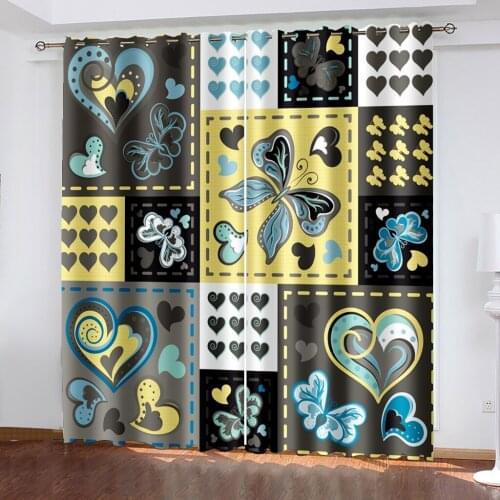 Home Blackout Decorative Curtain Living Room Bedroom Black Silk Cloth Grommet Top Curtains Love Bowknot Pattern Print
