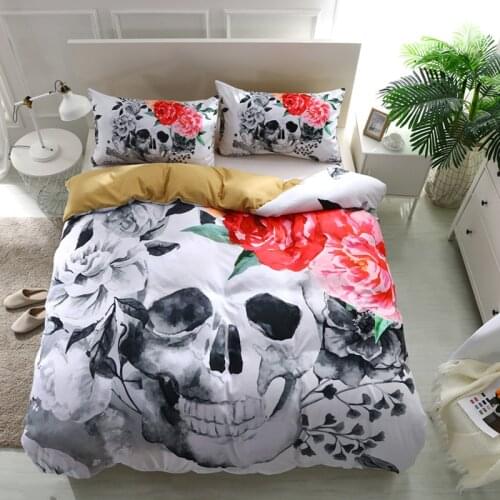 Fanaijia 3D Skull Bedding sets Plaid Duvet Covers for King Size Bed Europe Style Sugar Skull Bedding Pink Flower Duvet Cover