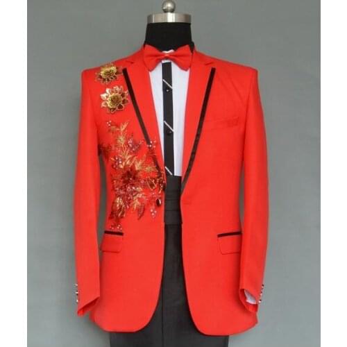 Chorus stage red suits for men blazer boys prom mariage suits fashion slim flower masculino latest coat pant designs singer