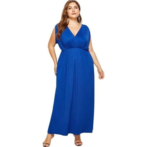 Summer Dress for Women Fashion Sexy Deep V-Neck Long Dress Solid Short Sleeve Waist Show Thin High Plus Size Ankle-Length Dress