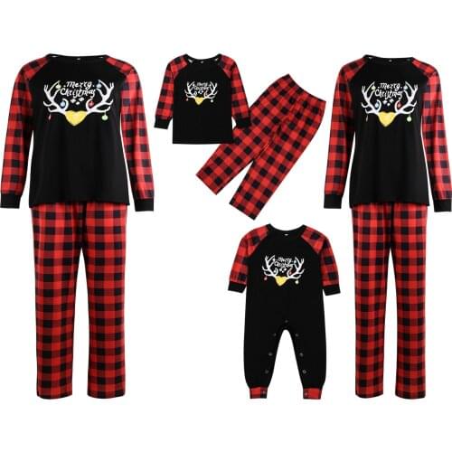 Cute Christmas Family Parent-child Pajamas Cartoon Antlers Print Tops and Plaid Trousers Home Cotton Clothes Casual Set