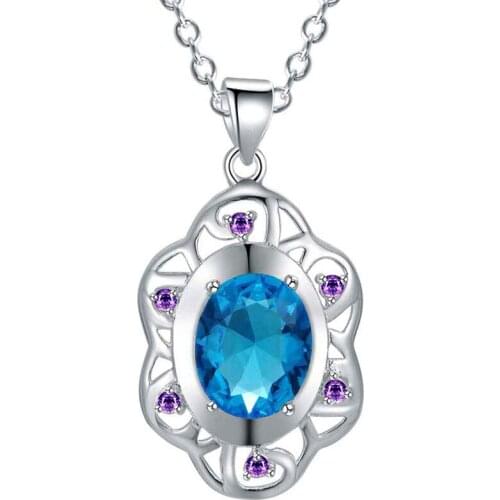 Fashion Sea Blue Crystal Necklace Womens Wedding Flower Pendant Choker Jewellery Ladies Banquet Party Gifts