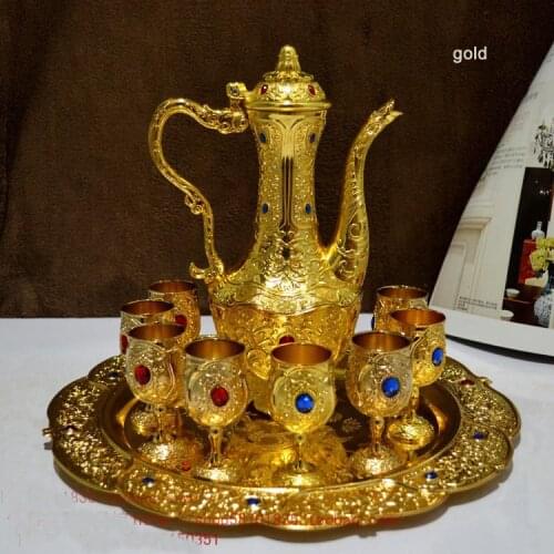 10PCS/set antique vintage ancient zinc alloy metal wine set 1 wine jar cup tray embossed carved drinkware gold silver 332A