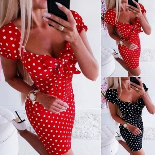 2021 Newest Hot Women Boho Polka Dot Printed Sexy Bow Bodycon Dress Summer Holiday Sundress Beachwear Mini Dress