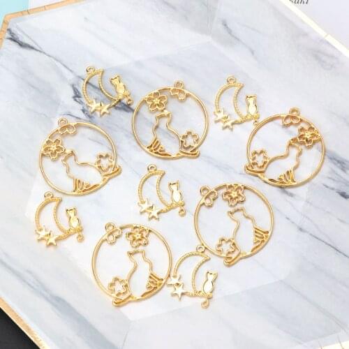 5Pcs Cat On Moon Blank Pendant UV Resin Frame Open Bezels Setting Jewelry Making