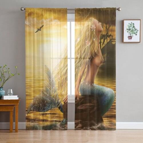 Ocean Steamer Mermaid Sheer Curtains for Living Room Bedroom Kitchen Tulle for Windows Voile Drapes Home Decoration
