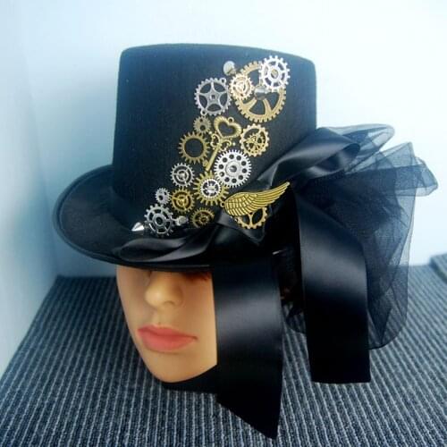 Retro Halloween Hat Steampunk Gears Top Hats Wing Black Punk Fedora Gothic Ribbon Lace Headwear For Man/Women Hat Accessory