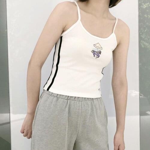 Slim Girls Soft Cotton O Neck Camis 2021 Summer Fashion Ladies High Street Women Carousel Embroidered High Waist Strap Top