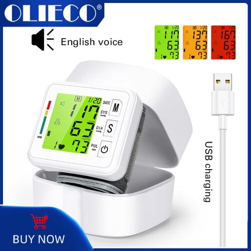 OLIECO Wrist Blood Pressure Monitor USB Rechargeable Digital Sphygmomanometer English Voice 3 Backlight Remind 2 User Memory