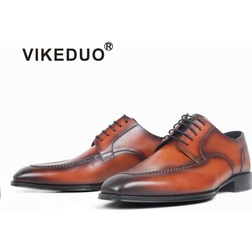 VIKEDUO 2020 New Stylish Dress Shoes Men Genuine Leather Sqaure Derby Shoes Wedding Office Formal Footwear Mans Brown Zapatos