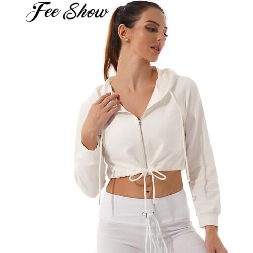 Women Casual Hooded Sweatshirts Cotton Running Jackets Workout Dance Tops Front Zipper Drawstring Cropped Sweatshirt Sportswear
