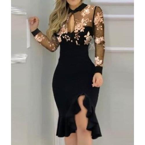 Women Sexy Lace Dresses Round Neck Floral Print Holoow Out Dress Long Sleeve Midi Dress Party Beach Boho Falbala Dresses