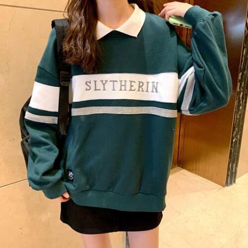 Dark Green Patchwork Polo Collar Letter Print Vintage Oversized Sweatshirt Women Autumn Long Sleeve Korean Tops England Style BF