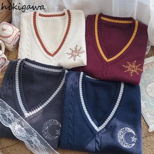 Hikigawa Preppy Style Sweater Vest Women 2021 Japanese Fashion Knitted Waistcoat Embroidery Loose Casual Pullovers Tops Mujer