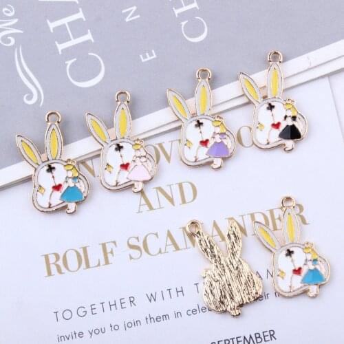 10Pcs Cute Alice Bunny Clock Avatar Enamel Floating Charms Alloy Dripping Oil Dangle Charm for DIY Accessories Jewelry making