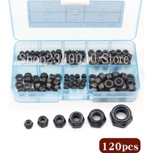 120pcs Self-Locking Hex Nut M2 M2.5 M3 M4 M5 M6 Caron Steel Nylon Insert Lock Nut Self-locking Nylock Nut Locknut Assortment Kit