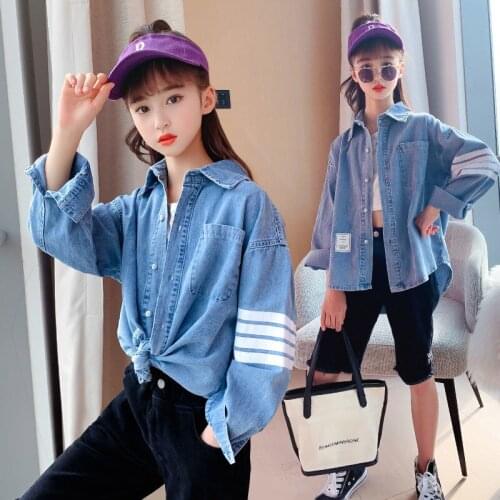 2021 Vintage Kids Denim Jacket For Girls Solid Blue Denim Baby Long Denim Jacket Teens Retro Coat Jeans Trench Coat High Quality