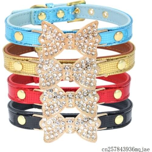 50pcs Dog Collars Pu Leather Collar for Dog Pet Cat Snake Bright with Diamond Butterfly