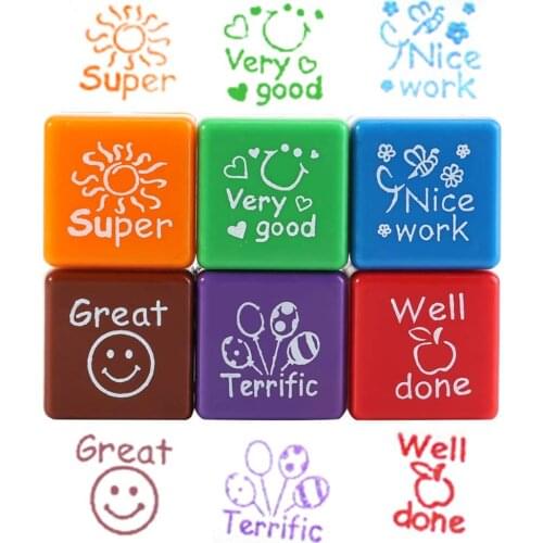 Square Multicolor Fun 6Pcs Praise Child DIY Scrapbook Kids Stamp Rubber Stamps Scrapbooking Reward Toy
