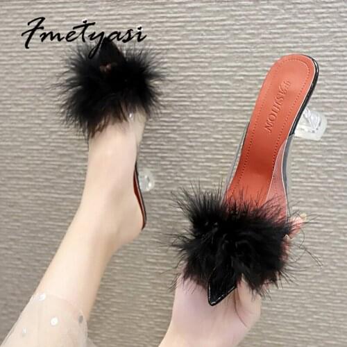 Heels Sandals Crystal Heel 2021 Summer Party Hollow Rubber Flock Slip-on Transparent Heels Sandals Pointed Toe Non Slip