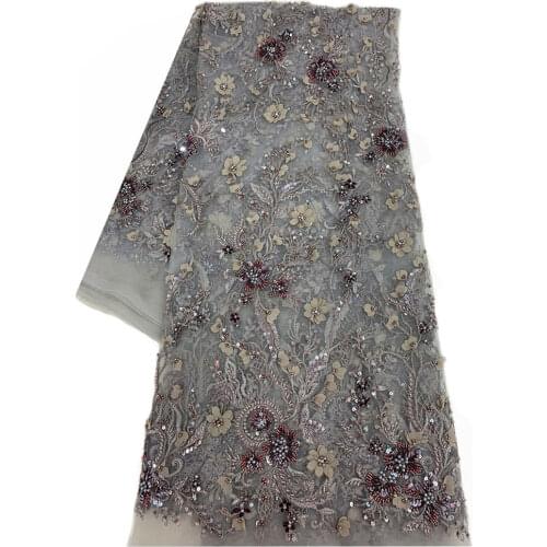 Brown/Black/Gray/Purple/Navy Blue Hand Craft Applique 3D Flower EmBroidery Beaded Sequins Guipure African Lace Fabric For Dress