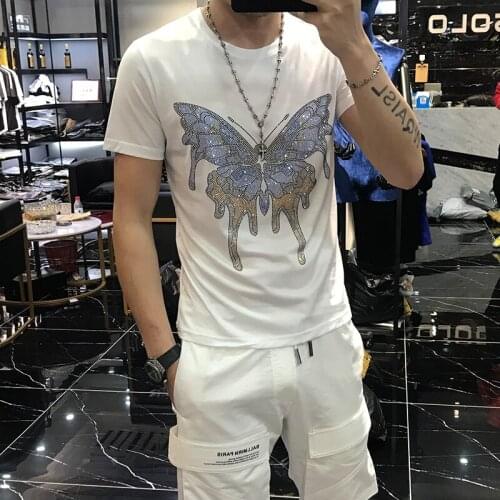 Summer Mens Big Butterfly Hot Drill O-Neck T-Shirt Large Korean Short Bottoming Slim Half Brand Top Quality