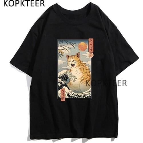 Harajuku T-shirts Catzilla Ukiyo-e Funny Print Ukiyo E By The Sea Manga Vintage Summer Men Women Aesthetic Cotton O Neck T-Shirt