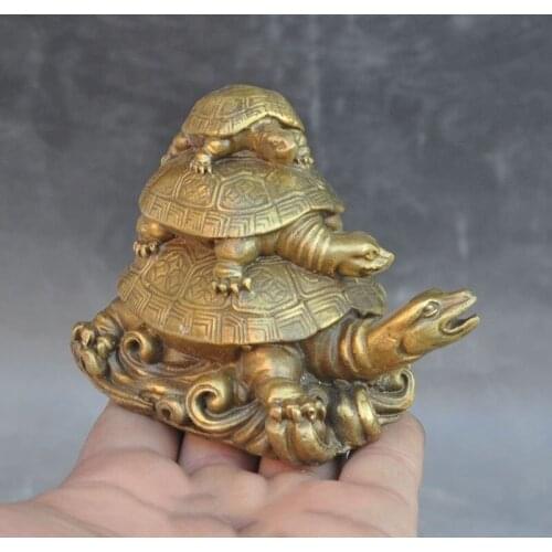 China Feng Shui Brass longevity Animal 3 Turtle tortoise auspicious Lucky Statue