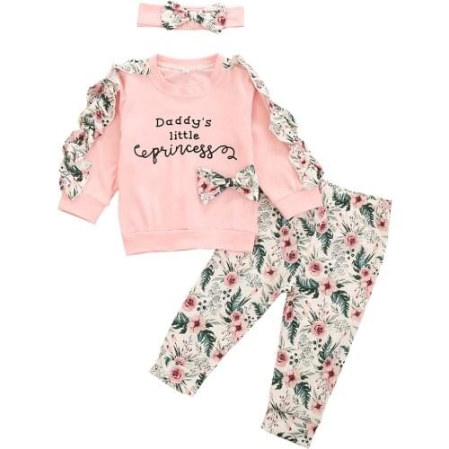 Newborn Baby Girl Clothes Set Long Sleeves Ruffled Daddy Little Princess Tops Flower Pants Headband 3Pcs Infant Clothing Outfit