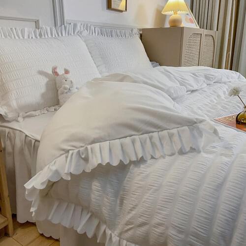 Bonenjoy Seersucker Duvet Cover Set with Ruffle Queen White Color Double Bed Sheet Sets housse de couette Bedding Set Single Bed