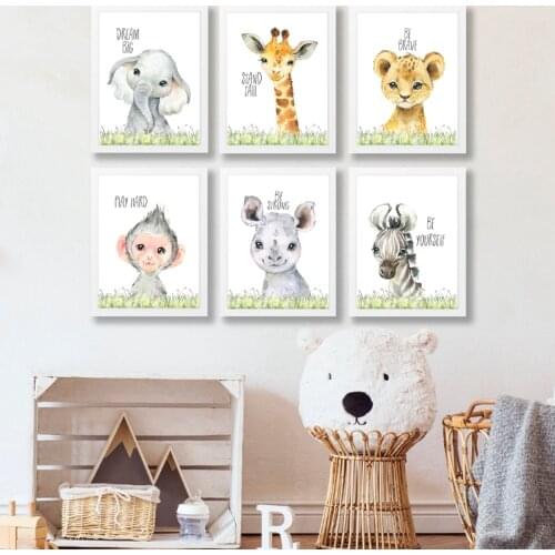 Baby Animals Boys Nursery Wall Art Canvas Prints Elephant Zebra Lion Watercolor Painting Poster Wall Pictures Kids Room Decor