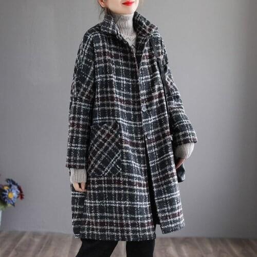 Lapel Popular Art Lattice Woolen Coat Female Winter New Korean Version Mid-Long Single-Breasted Warm Loose Coat Overcoat Female