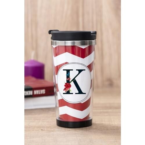 Gift Shop K Letter Flower Design Red Thermos Cup