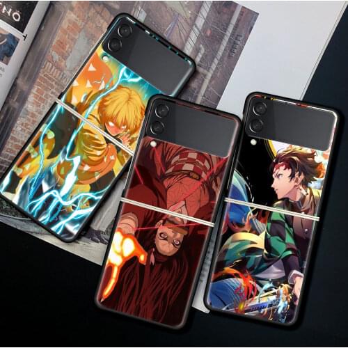 For Samsung Galaxy Z Flip 3 5G Case Luxury Matte Black Hard Phone Cover ZFlip 3 Shockproof Fundas Shell Anime Demon Slayer Coque