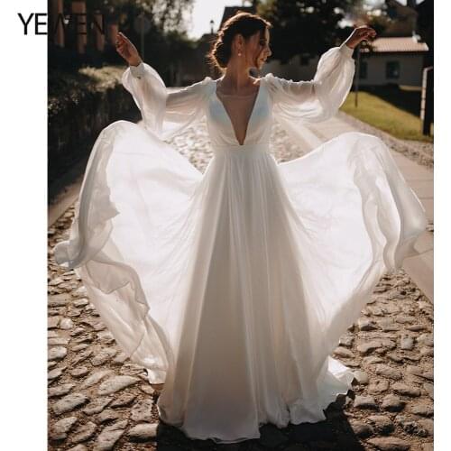 Deep V Neck Chiffon Long Wide Sleeves Evening Dresses 2021 Beautiful Bridal Dress Photography Dress YEWEN