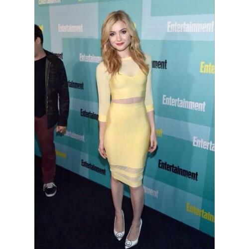 Sexy fashion yellow mesh mid sleeve 2 two piece bandage dress bodycon dress wholesale