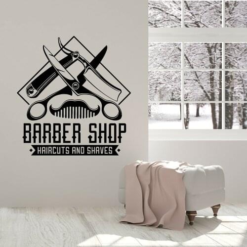Barbershop Wall Decal Haircuts and Shaves Lettering Barber Tools Man Hair Shop Interior Decor Vinyl Window Stickers Mural E122