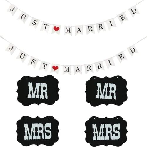 Just Married Wedding Banner Bunting Photo Booth Props & Mr and Mrs Chair Signs Bridal Shower Decoration